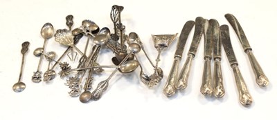 Lot 197 - Quantity of white metal souvenir spoons, together with a set of six  silver handle butter knives
