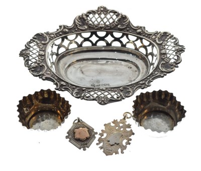 Lot 183 - Victorian silver bonbon dish, pair of Victorian silver salts, and two fobs