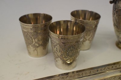 Lot 122 - Persian (possibly Isfahan) rectangular white metal tray, cups, and jug