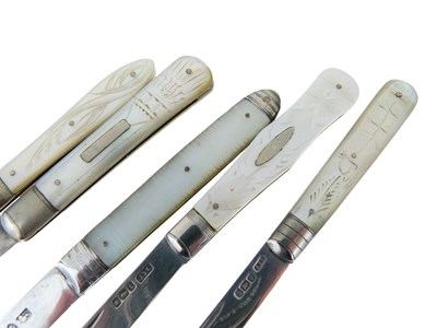 Lot 76 - Five 19th Century mother-of-pearl and silver fruit knives