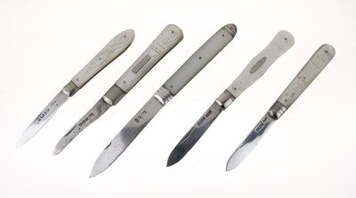 Lot 76 - Five 19th Century mother-of-pearl and silver fruit knives