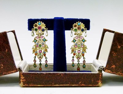 Lot 46 - Pair of Indian multi-gem set drop earrings