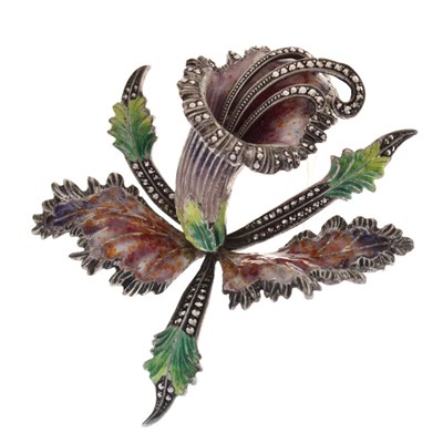 Lot 68 - Large enamel and marcasite orchid brooch