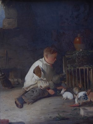 Lot 327 - Circle of Thomas Webster, (1800-1886) - Oil on panel - Boy with rabbits