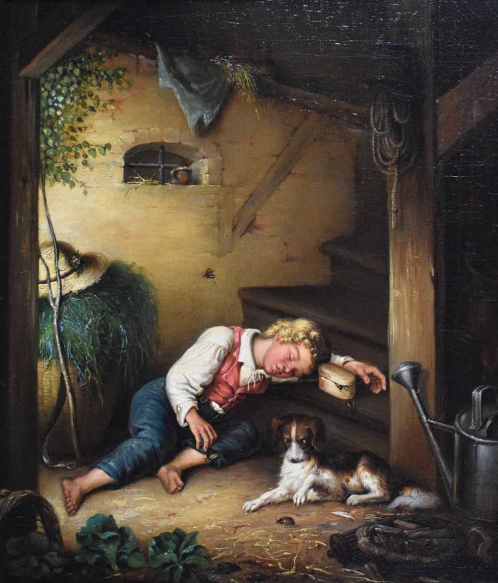 Lot 389 - 19th Century English School - Oil on canvas - Boy sleeping with dog