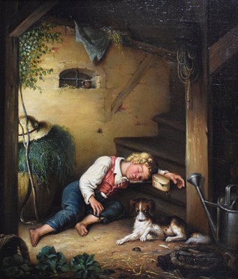 Lot 366 - 19th Century English School - Oil on canvas - Boy sleeping with dog