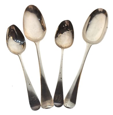 Lot 199 - Two George II silver Hanovarian pattern tablespoons together with two later dessert spoons