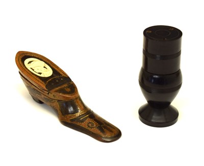 Lot 180 - Treen and pique work snuff shoe together with a pounce pot