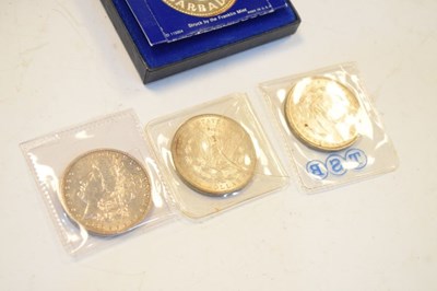 Lot 143 - Coins - Three silver American Dollars and a sterling Barbados ten dollar proof coin