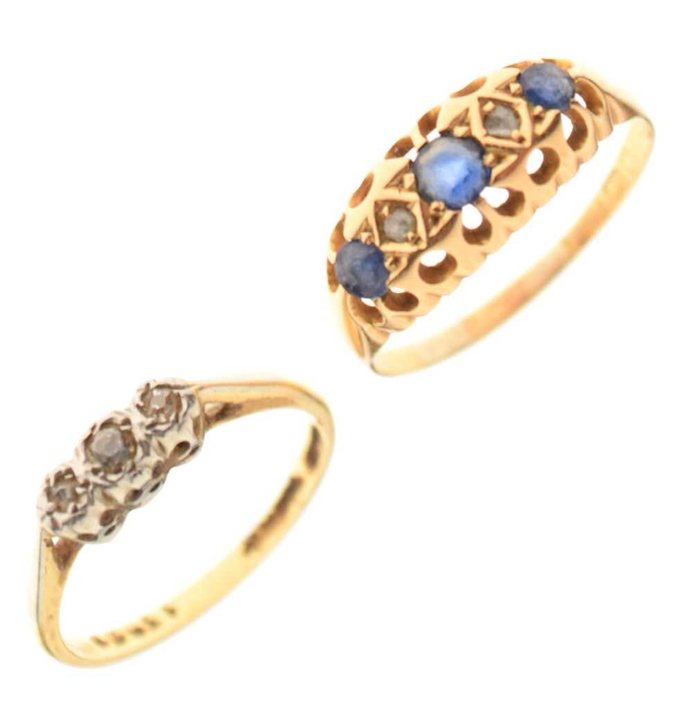 Lot 37 - 18ct gold, sapphire and diamond half-eternity ring, size R, and a diamond three-stone ring