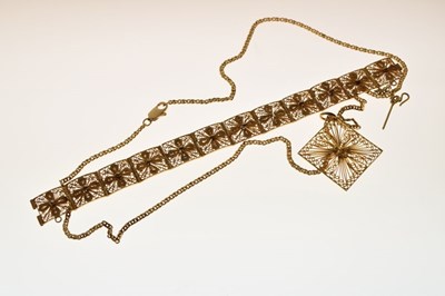 Lot 52 - Gold filigree pendant, and panel bracelet